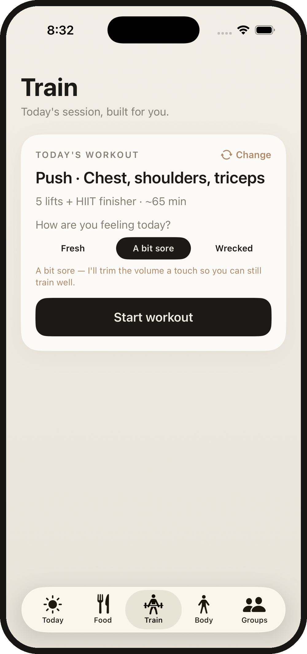 MeFit AI app showing a daily readiness check that adapts today's workout